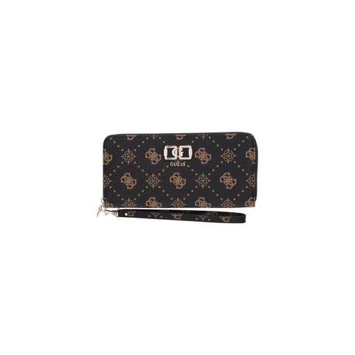 Schwarz guess Emelie Damen-Geldbörse mit goldfarbenem Logo-Muster, braunem Reißverschlussfach und passendem Handgelenkriemen (22 cm breit).