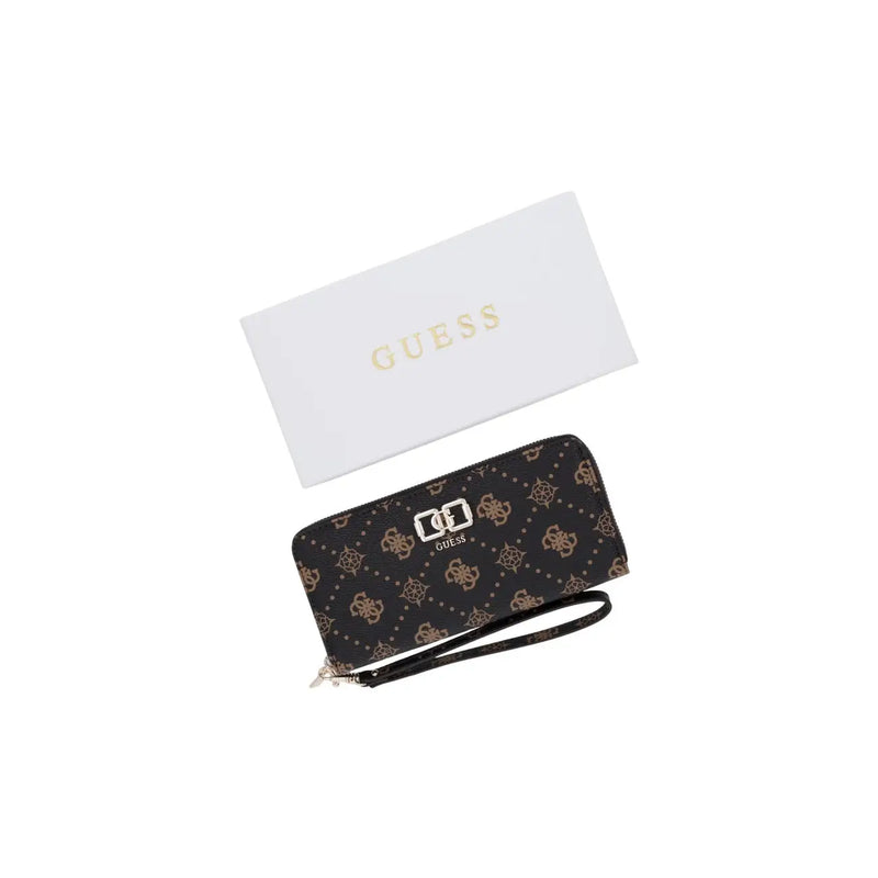 Schwarz Guess Armbandtasche mit goldfarbenem Logomuster und Metallverschluss, geeignet für stilvolle Aufbewahrung