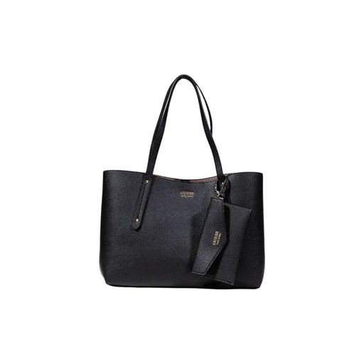Black pebbled leather tote bag with shoulder straps and detachable pouch for Guess Women Fall Winter collection
