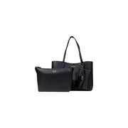 Black textured leather Guess tote bag set with matching pouch and key fob for women fall winter collection