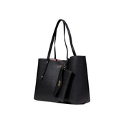 Guess women fall winter black textured leather tote bag with matching shoulder straps and attached small wallet