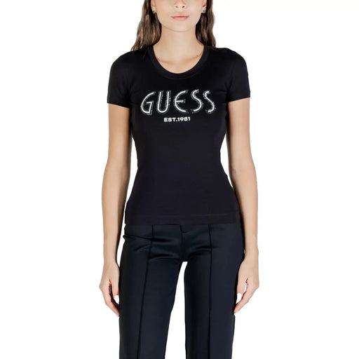 Women’s black short-sleeve T-shirt with white GUESS EST 1981 graphic for Fall Winter collection