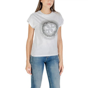 Guess Women Fall Winter white cotton round neck T-shirt with metallic circular graphic