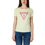 Light yellow Guess women t-shirt with red triangular logo featuring brand name and question mark in cotton fabric