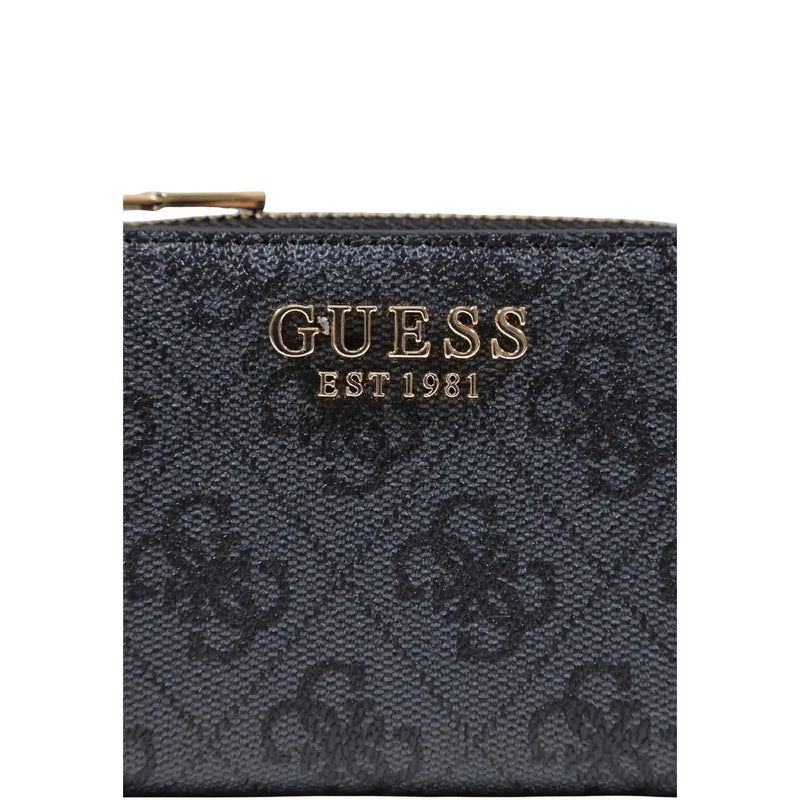 Schwarz guess Damen-Kartenetui mit Reißverschluss aus grauem Polyurethan mit goldfarbenem Logo und Reißverschlussdetails