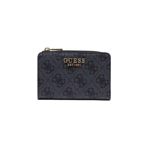 Schwarz guess Damen-Kartenetui mit Reißverschluss aus grauem Polyurethan mit Monogrammmuster und goldfarbenem Reißverschlussanhänger