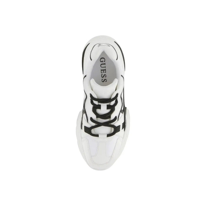 White and black Guess women leather sneakers with bold chunky design and geometric pattern on the side