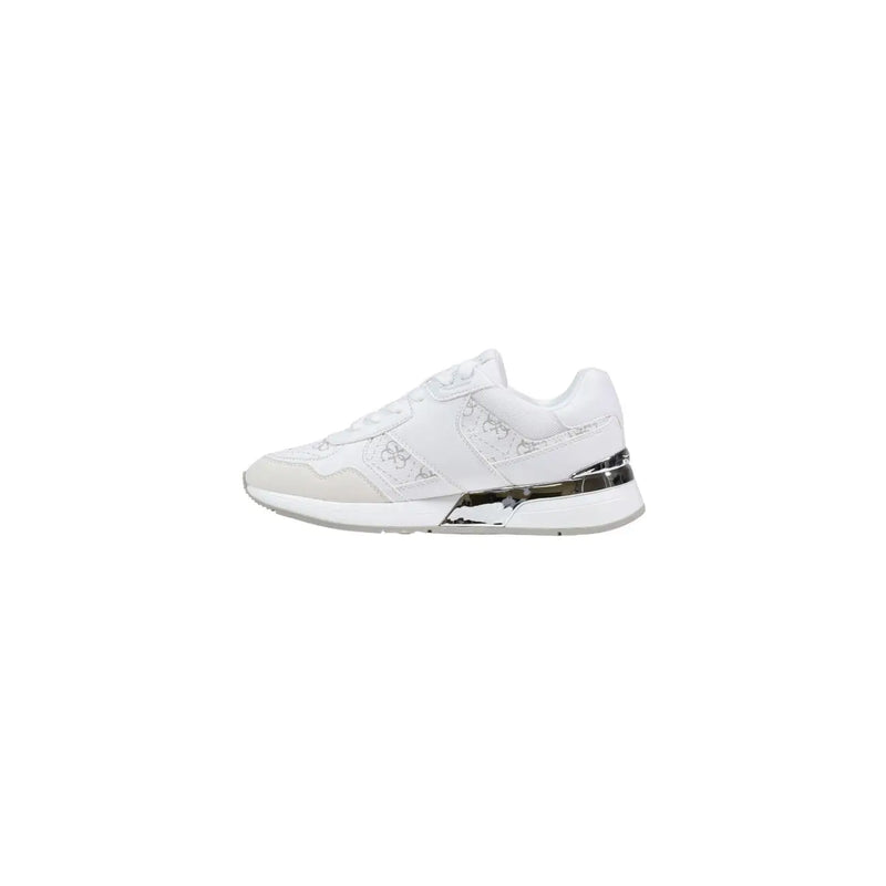 White Guess women leather sneakers lace up with silver logo detailing and metallic heel accent