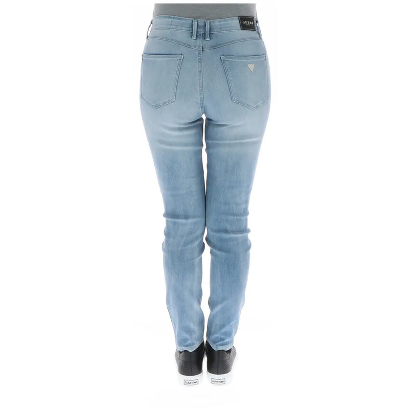 Rückansicht von guess Hellblaue, schmal geschnittene Damen-Jeans aus Baumwollmischgewebe im Used-Look mit Markenlabel am Bund