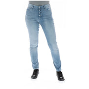 Guess Damen-Jeans aus hellblauem Baumwollmischgewebe mit heller Waschung, hohem Bund, Knopfleiste und Used-Look