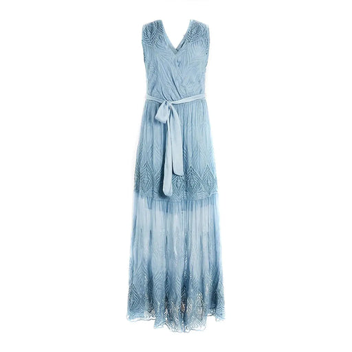 Guess Hellblaues, ärmelloses Kleid aus Seidenmischgewebe mit Blumenmuster, aufwendigen Spitzendetails und Bindegürtel für Damen