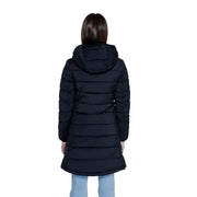 Woman wearing Guess Women Long Black Puffer Coat with Hood and Turtleneck