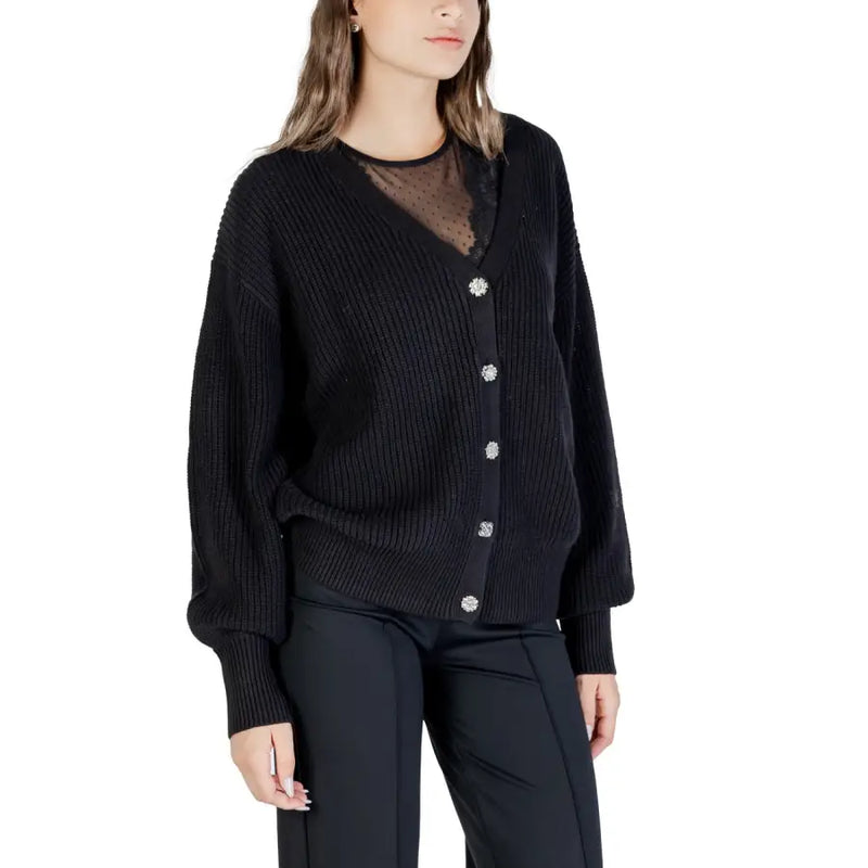 Women’s long black V neck ribbed knit cardigan with embellished buttons from Guess