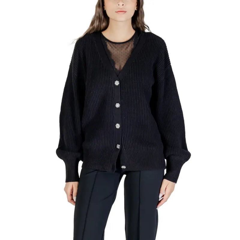 Black ribbed knit Guess Women long V neck buttoned cardigan with embellished buttons