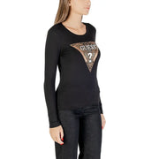 Guess women long sleeve black round neck t shirt with a triangular leopard print logo and metallic rose gold accents
