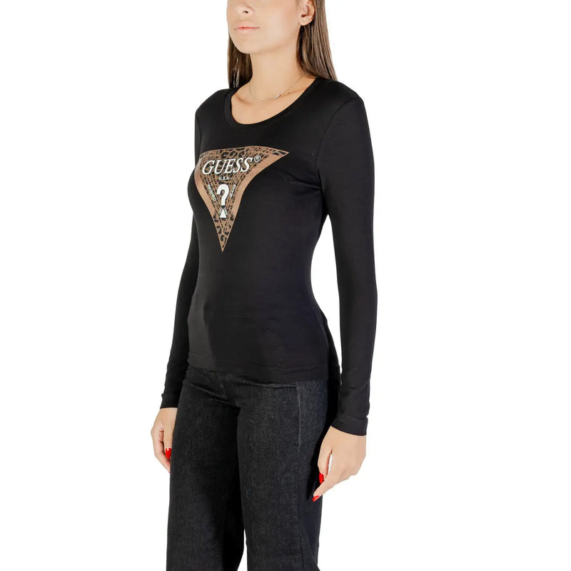 Guess women long sleeve black round neck t shirt featuring a triangular leopard print logo with white text on front