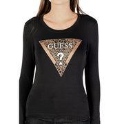 Guess women long sleeve black round neck t shirt with triangular leopard print logo and metallic gold accents
