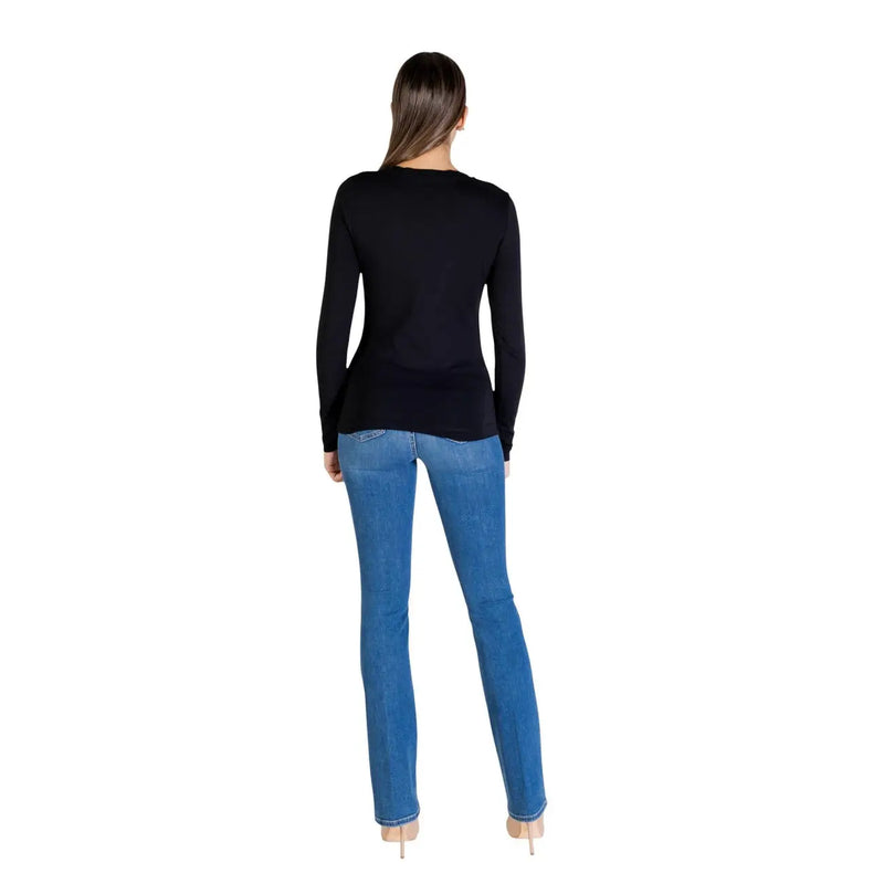 Guess women long sleeve cotton black t shirt with round neckline and subtle seam detailing, front view