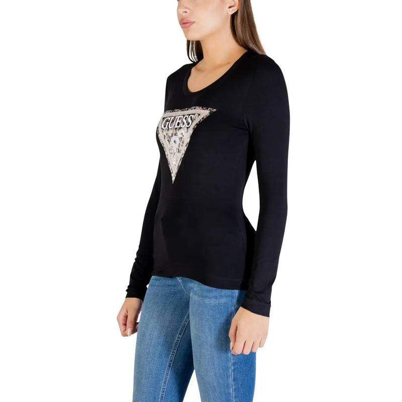Guess women long sleeve cotton t shirt black with sparkling silver triangular logo and round neck design