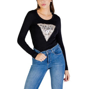 Guess women long sleeve cotton t shirt black with a sparkling silver triangular guess logo on the front