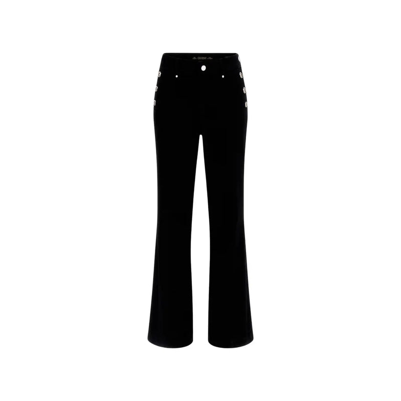Guess Neue schwarze Samthose „Faye“ für Damen mit ausgestelltem Rock und silbernen Knöpfen an den Seiten aus Baumwolle.