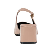 Beige patent leather slingback heel with gold medusa head clasp and black rubber sole by guess women pink block heel sandals
