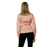 Guess women pink v-neck satin blouse with lace detail long sleeves and cinched waist in soft blush pink