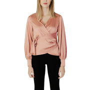 Guess women pink v-neck blouse with lace detail featuring a soft blush pink satin wrap design and tied waistband