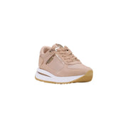 Beige suede Guess women platform sneaker with white tan rubber sole and gold-tone branding on the side