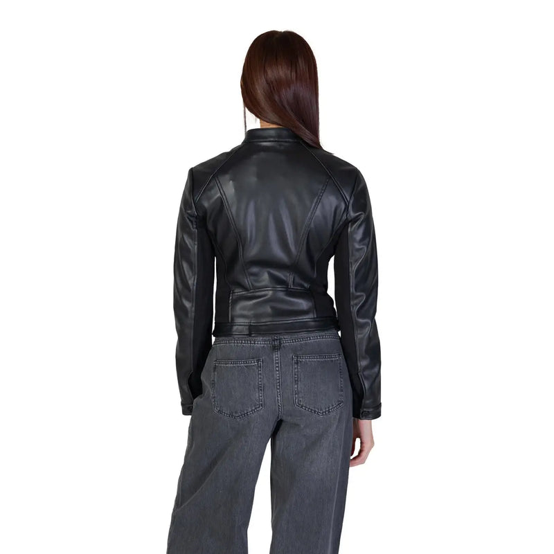 Guess women black polyurethane blazer with sleek fitted design and subtle stitching details in faux leather moto style