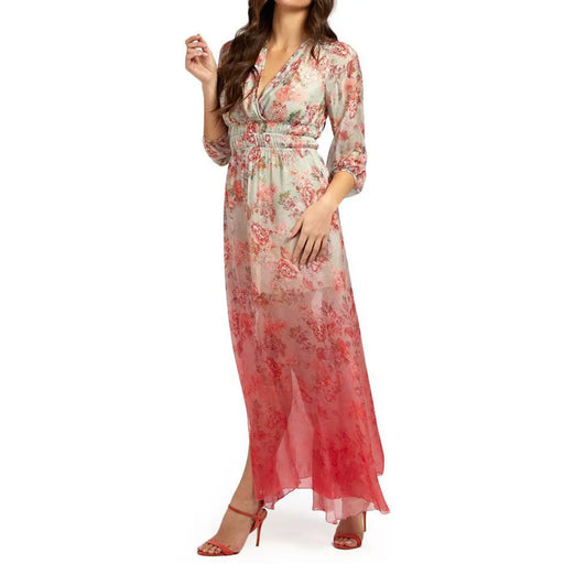 Guess Rotes Damenkleid aus Seidenmischgewebe mit Blumenmuster, V-Ausschnitt, fließendem, langärmeligem Maxi-Design und farbverlaufenden Blumenmustern
