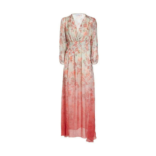 Guess Rotes, geblümtes Seidenmischkleid für Damen, V-Ausschnitt, fließendes Maxikleid mit langen Ärmeln in zarten Rosa-, Creme- und Koralltönen