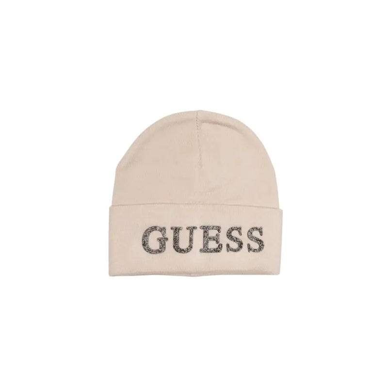 Off-white knit Guess beanie with glittery GUESS lettering for fall winter style
