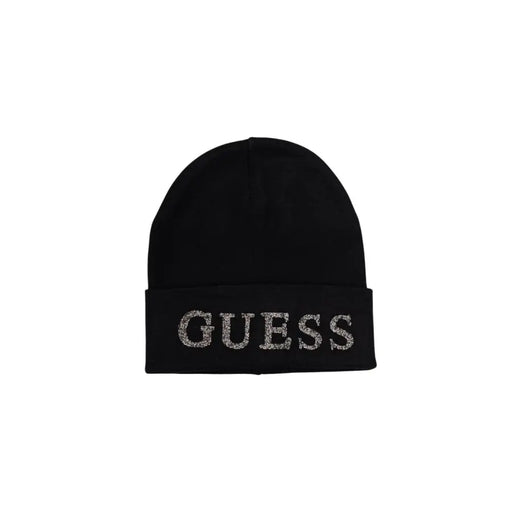 Black knit beanie with GUESS spelled in glittery letters for fall winter season