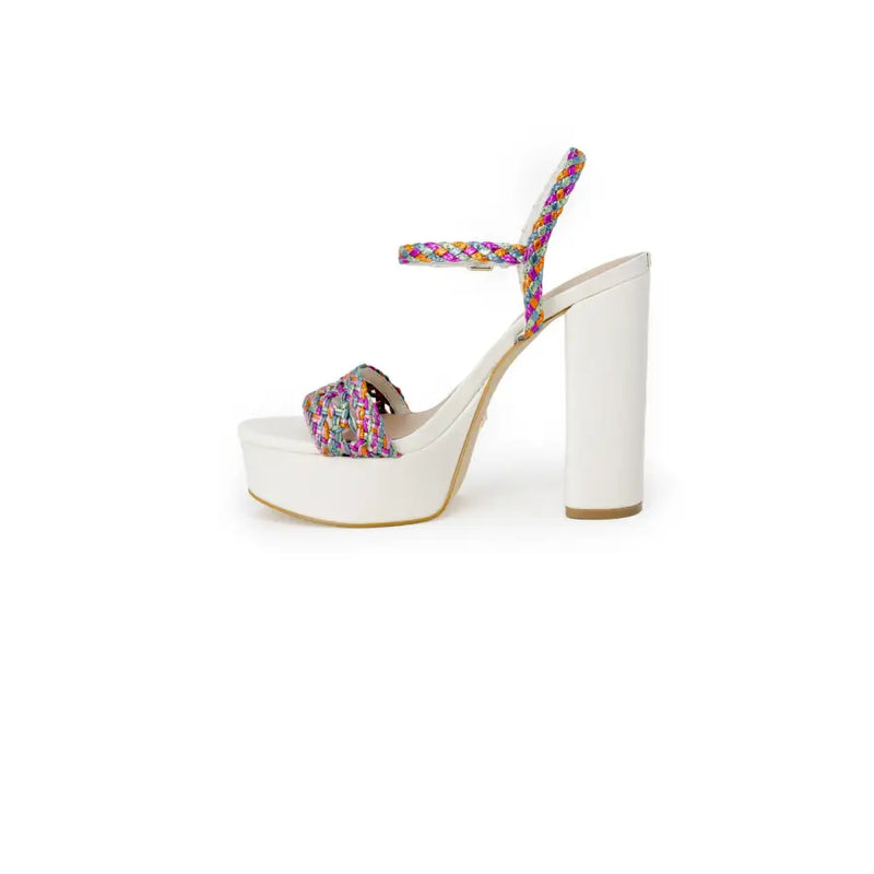 Guess women sandals white block heel with chunky heel and colorful woven strap details on platform sandal