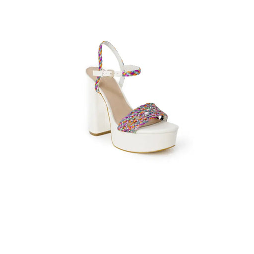 Guess women white platform sandals with chunky block heel and colorful woven strap details for stylish wear