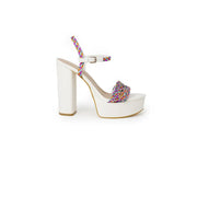 Guess women sandals white block heel platform sandal with chunky heel and colorful woven purple pink yellow straps
