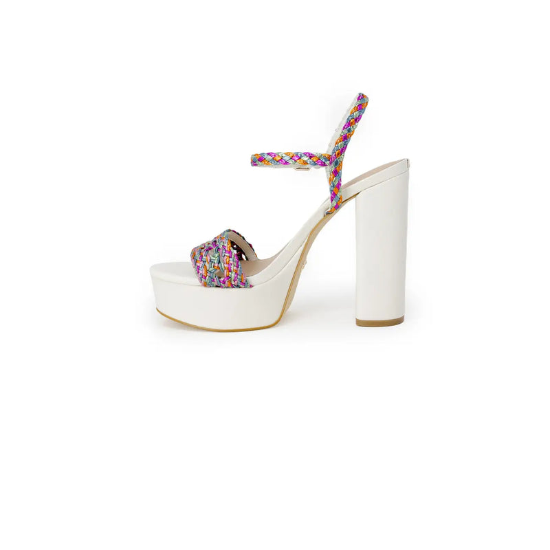 Guess women sandals white block heel with chunky heel and colorful woven strap details on platform sandal