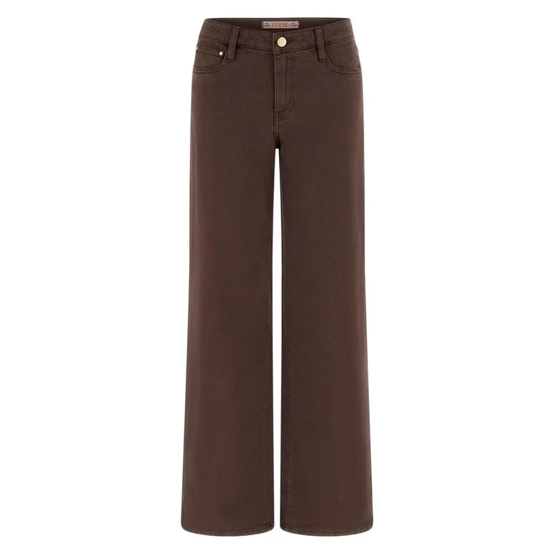 Guess Sexy braune Palazzo-Hose aus Lyocell für Damen mit weitem Bein, klassischem Fünf-Taschen-Design und goldfarbenem Knopfverschluss.