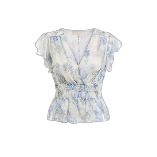 Guess Hellblaue Seidenbluse mit Blumenmuster und V-Ausschnitt aus zartem elfenbeinfarbenem Stoff, Rüschenärmeln und elastischem Bund.