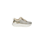 Guess women silver sneaker polyester slip with shimmering mesh, beige tongue and laces, metallic gold heel and midsole accents