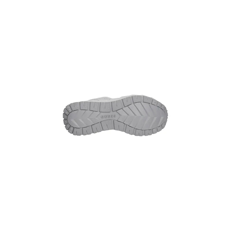 Gray rubber sole with textured tread and guess brand name embossed on guess women silver sneaker polyester slip