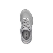 Guess women silver sneaker with textured polyester upper and mesh design featuring matching laces and logo on tongue