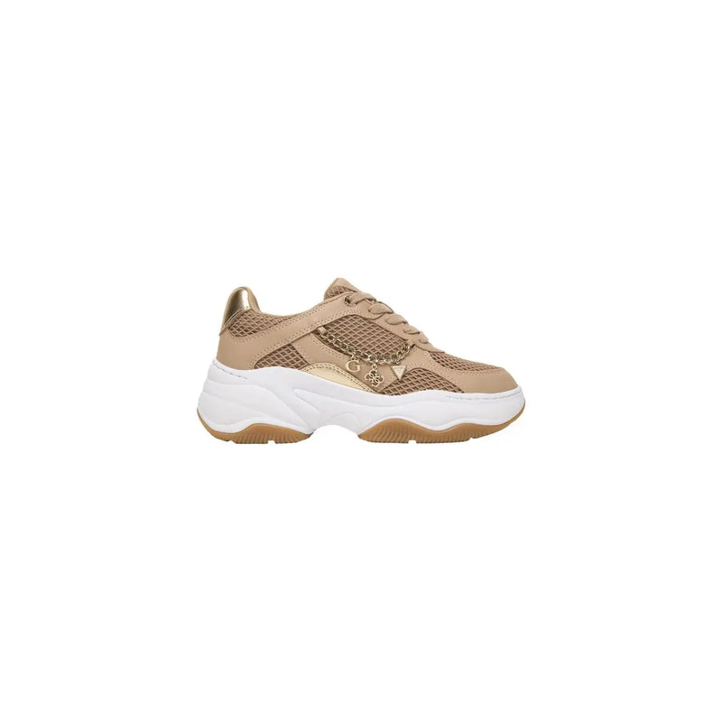 Guess women slip on beige sneakers in polyester blend with gold mesh detail and chunky white sole