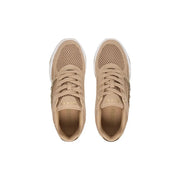 Guess women slip on beige sneakers in polyester blend with beige mesh, gold-tone chain detailing, and white rubber soles