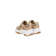 Guess women slip on beige sneakers with metallic gold chunky mesh uppers white rubber soles and side chain detail