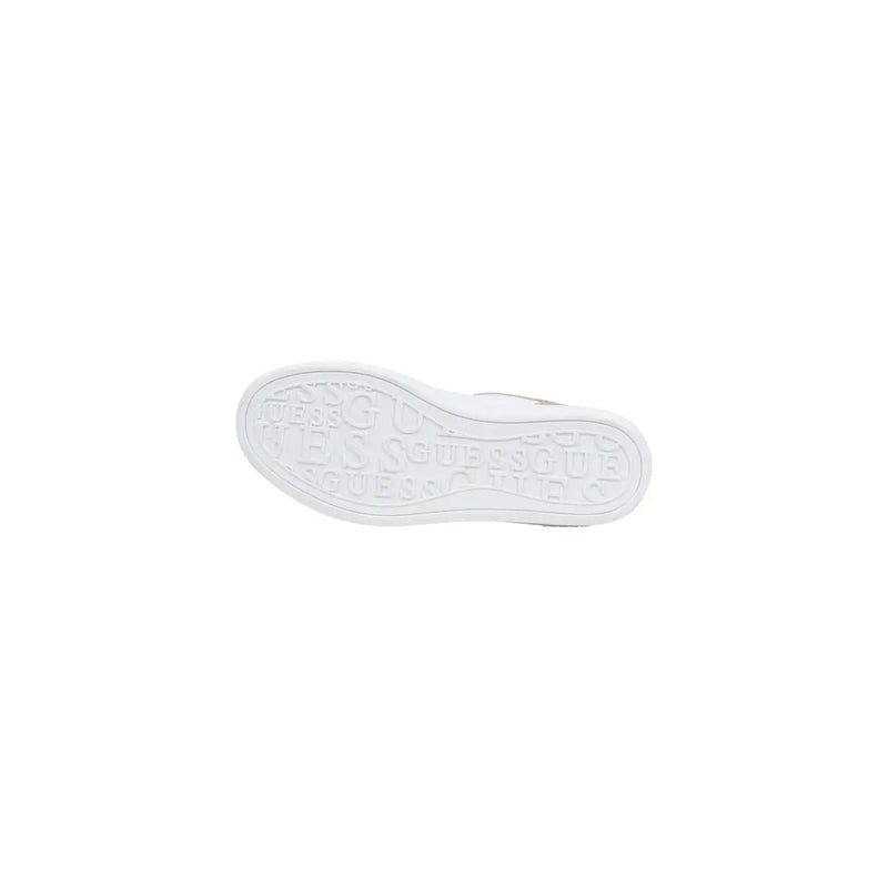 White rubber sole with embossed guess logo pattern on beige polyurethane women sneakers lace up shoes