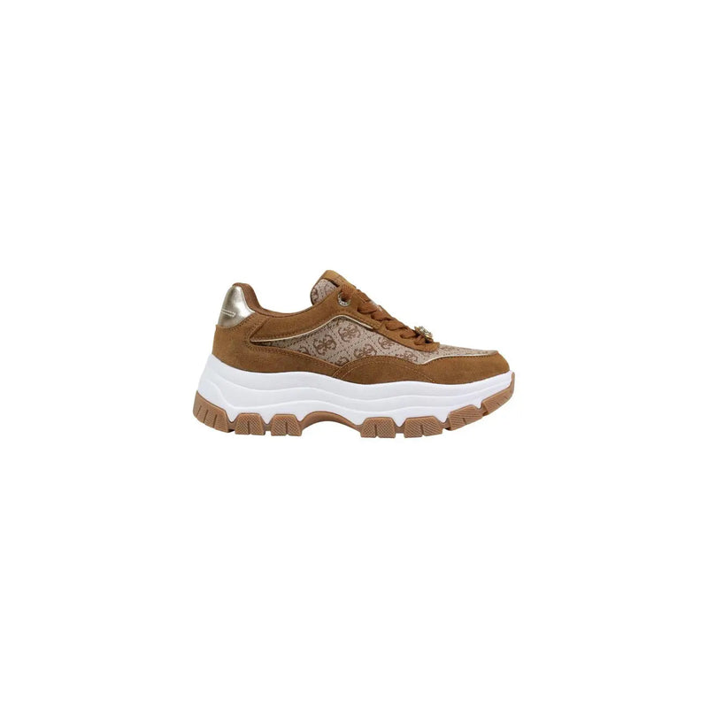Guess women sneakers brown platform synthetic fashion shoes featuring brown suede and beige patterned chunky design with white sole