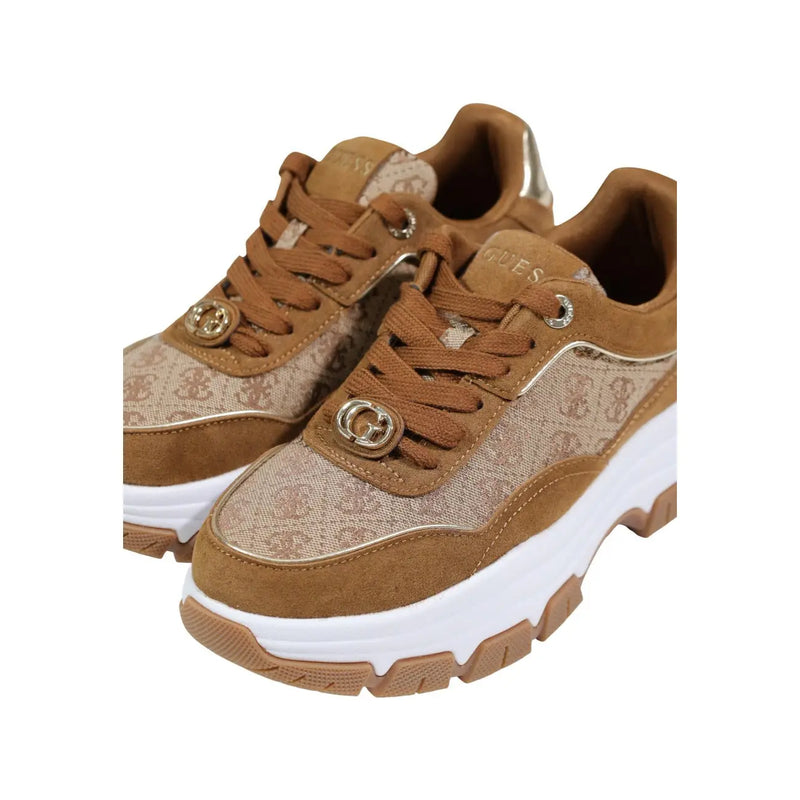 Guess women sneakers brown platform synthetic fashion shoes with tan beige pattern suede accents and chunky white sole
