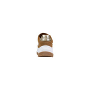 Guess women sneakers in tan suede with metallic gold heel tab and white midsole featuring the Guess logo